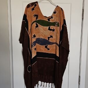 Boho Batik Gecko Fringe Swimsuit Cover Up Poncho